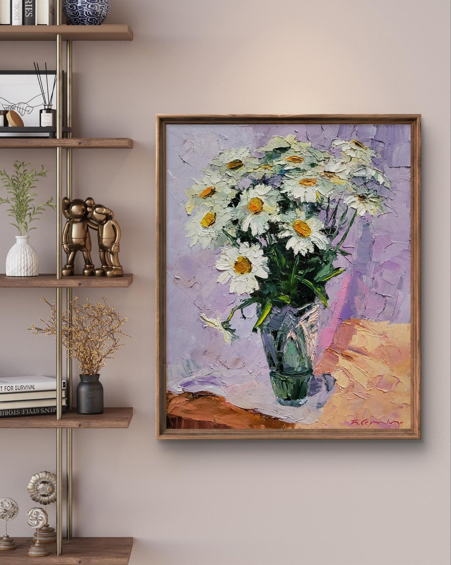 Oil painting of white daisy bouquet in green vase by Boris Serdyuk