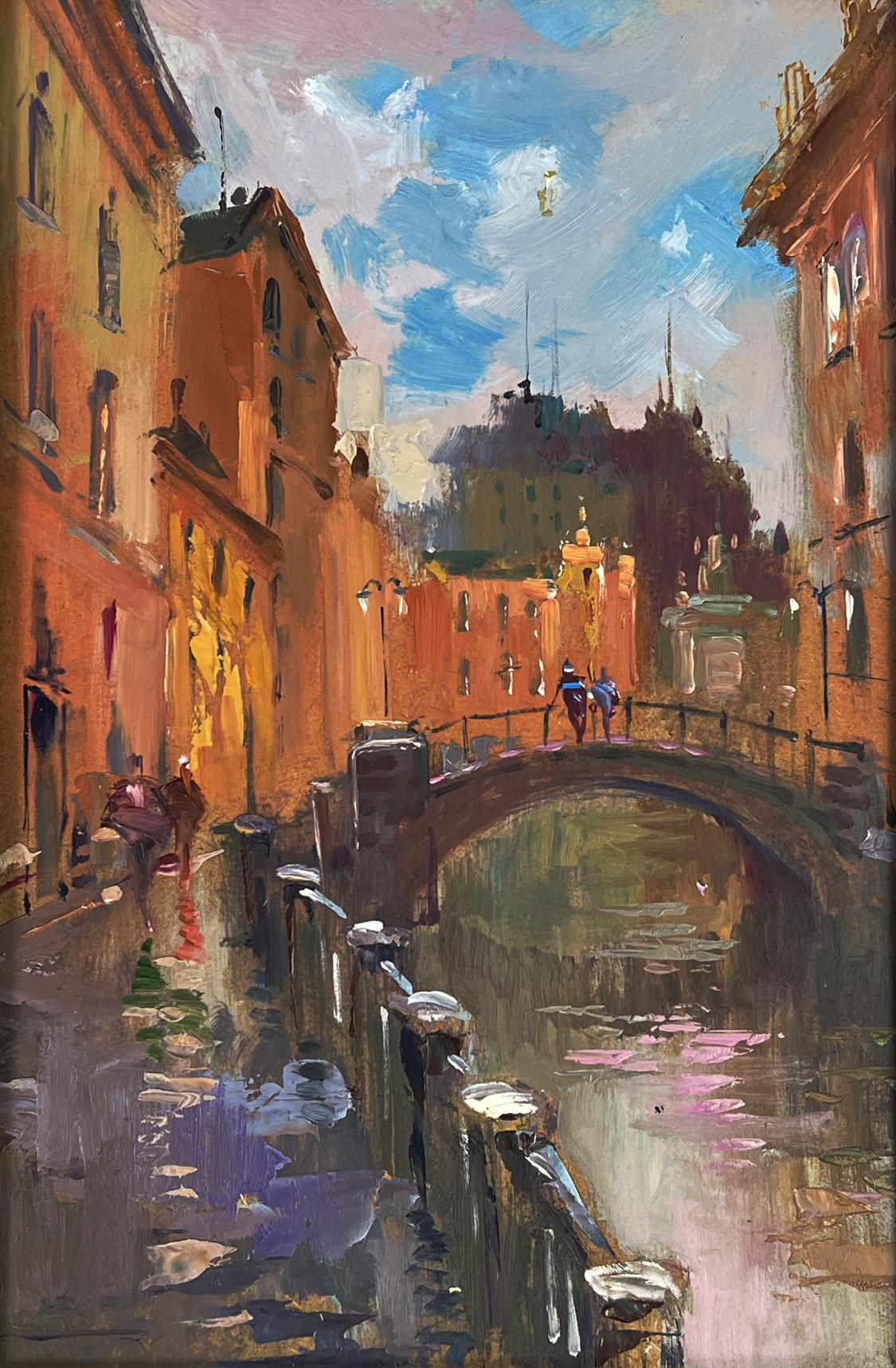 Warm-toned oil painting by Yuriy Suprunchuk of sunlit European canal with stone bridge