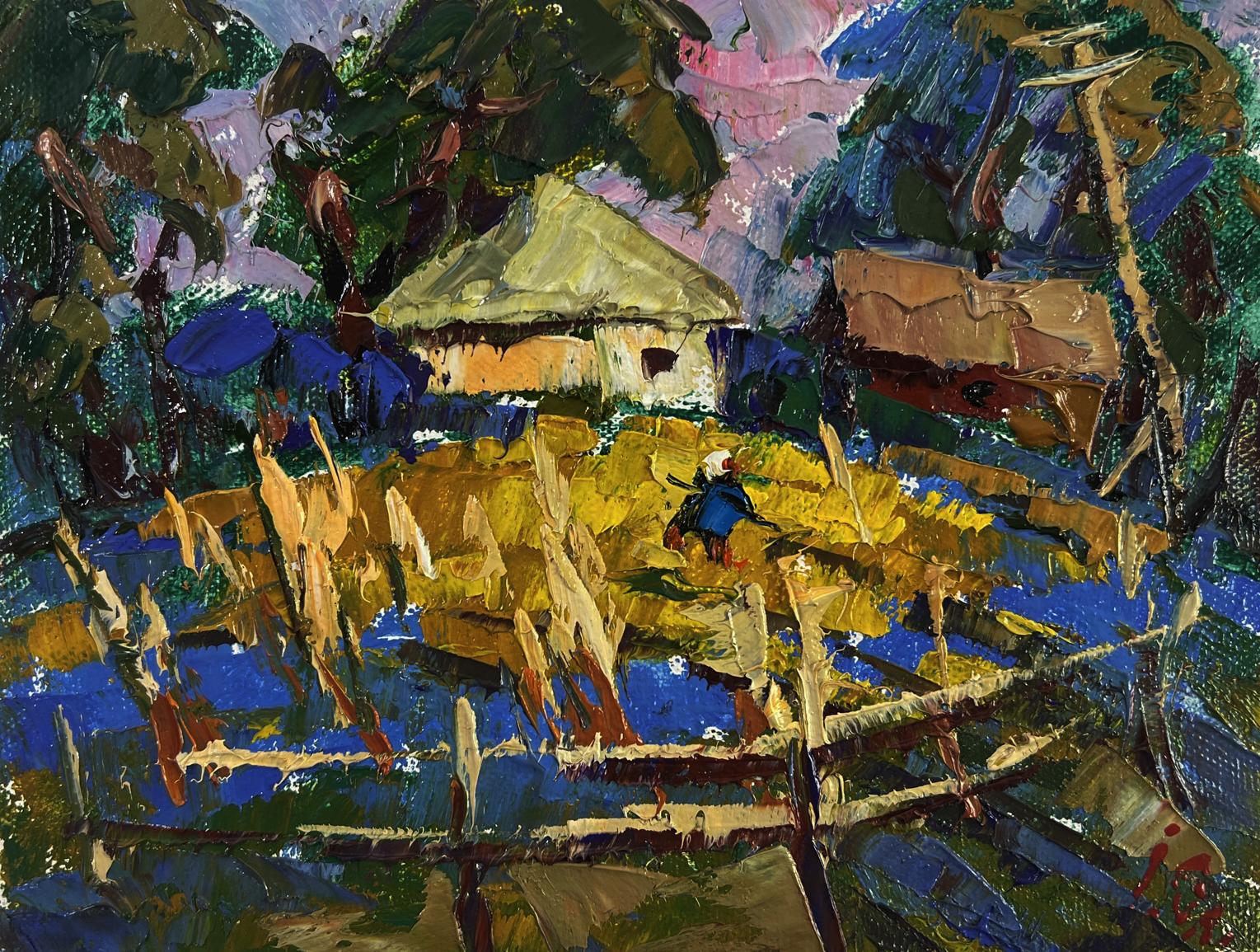 Vibrant impressionist oil painting by Oleksiy Ivanyuk: village evening tranquility