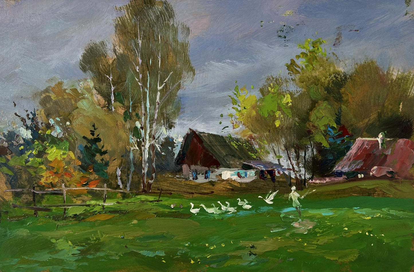 Rustic red-roofed farmhouse with geese by Yuriy Suprunchuk oil painting