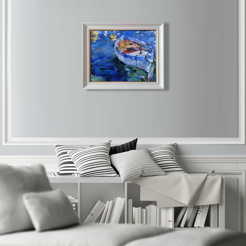 Oil painting Emerald Volodymyr Gluhomanyuk: white boat on blue water in white frame