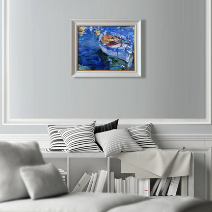 Oil painting Emerald Volodymyr Gluhomanyuk: white boat on blue water in white frame