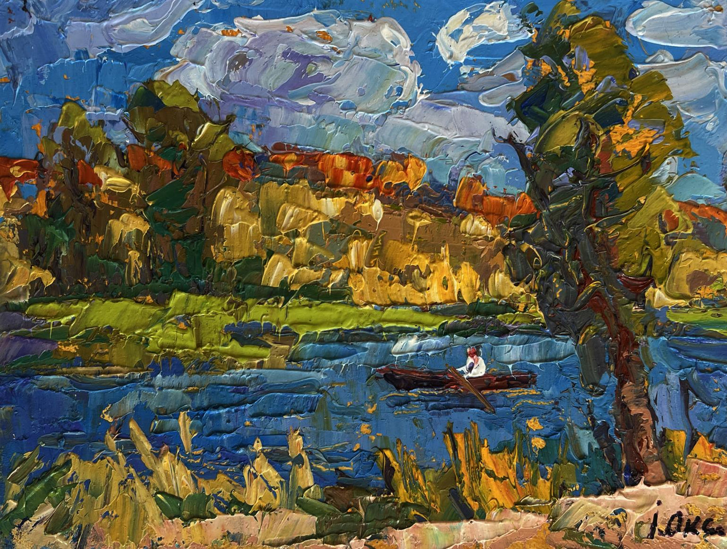 Vibrant impressionist oil painting of early autumn fishing by Oksana Ivanyuk