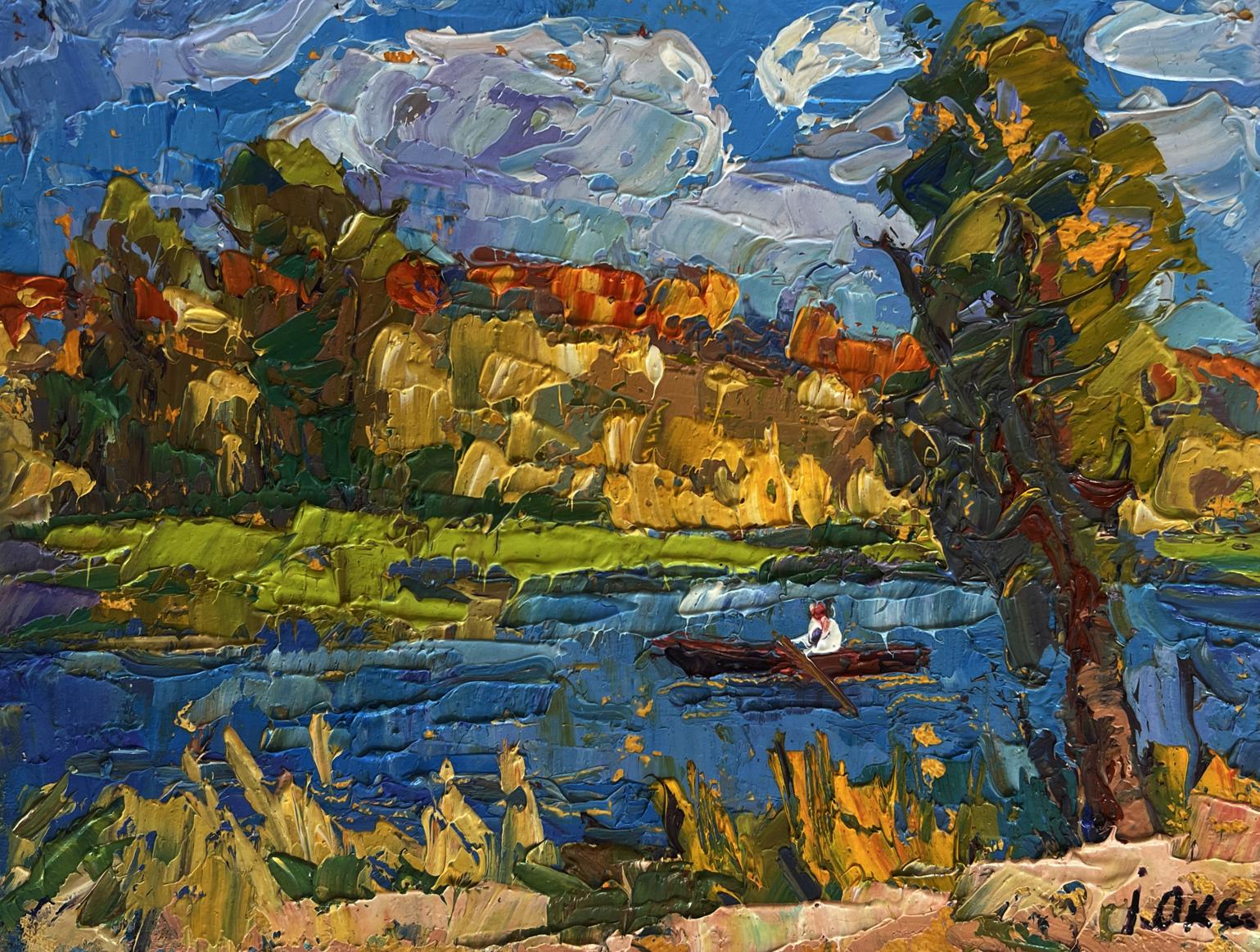 Vibrant impressionist oil painting of early autumn fishing by Oksana Ivanyuk