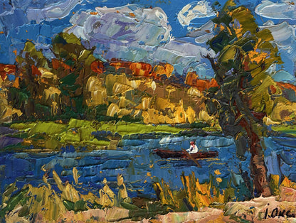 Vibrant impressionist oil painting of early autumn fishing by Oksana Ivanyuk