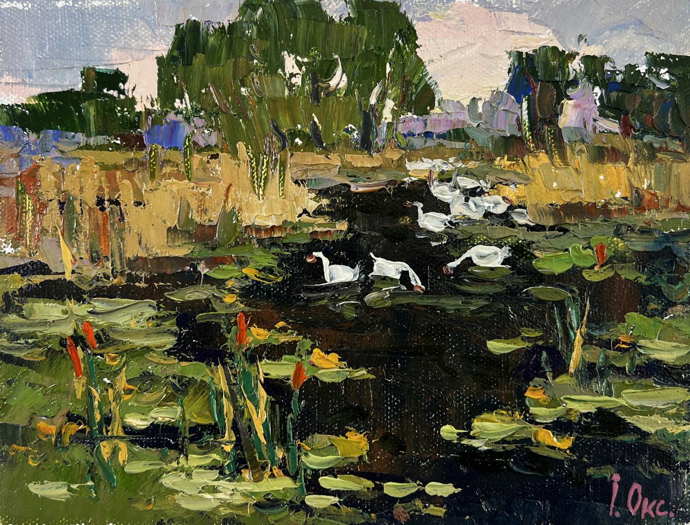 Vibrant impressionist oil painting by Oksana Ivanyuk: geese in lake with lily pads