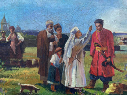 Oil painting Sending off to War: veiled woman in rustic outdoor gathering