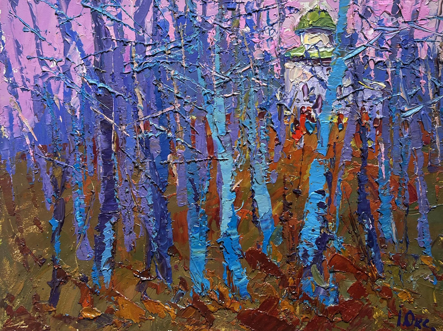 Oil painting Autumn coolness in the forest by Oksana Ivanyuk with blue birch trees