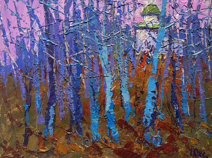 Oil painting Autumn coolness in the forest by Oksana Ivanyuk with blue birch trees