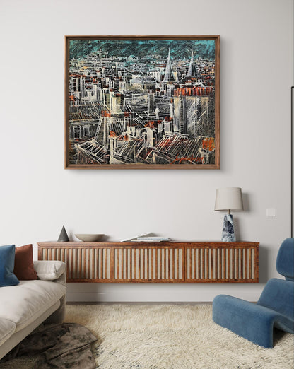 Framed Farnes Serhiy Kovalev oil painting cityscape in teal gray orange tones
