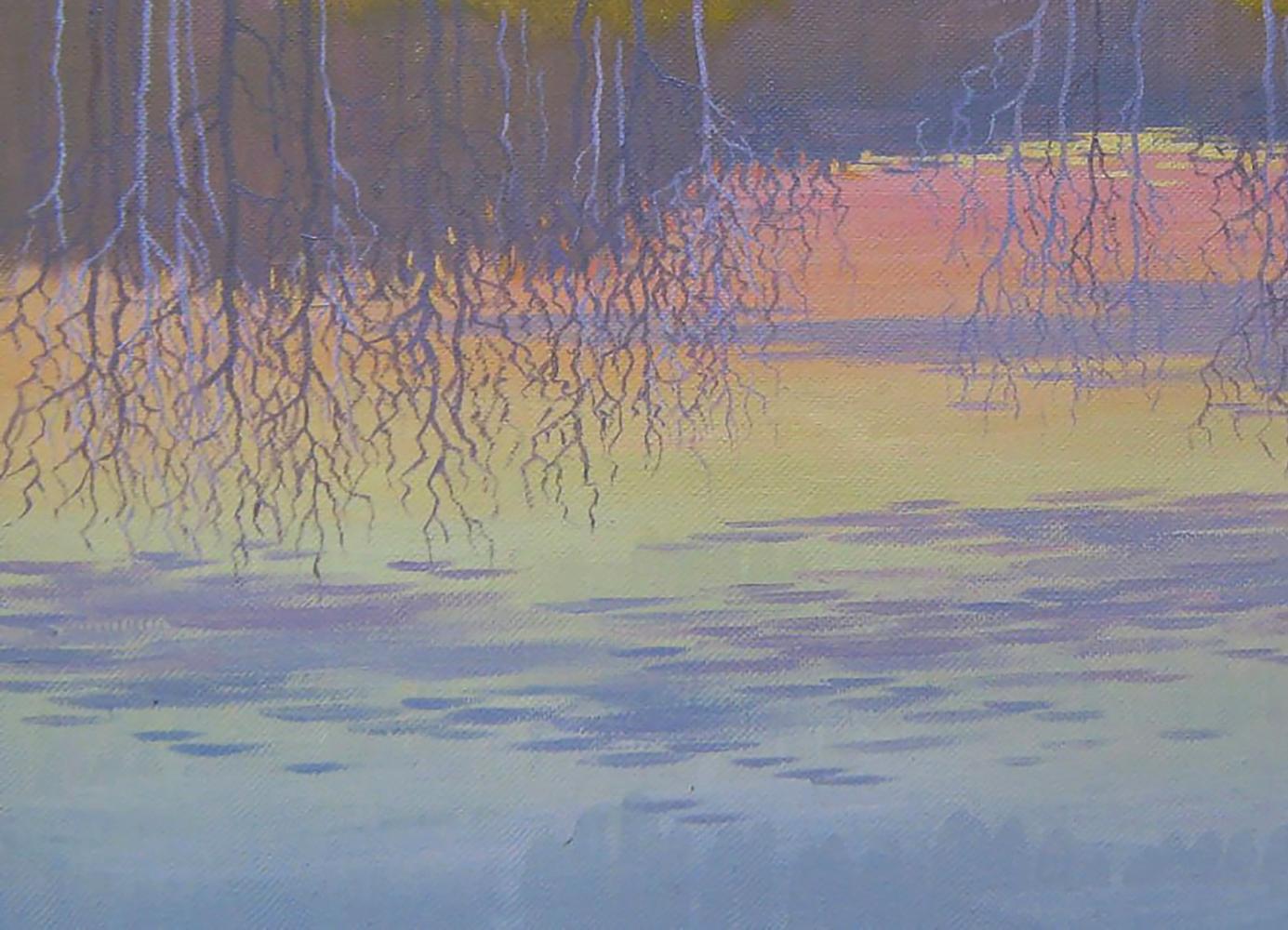 Serene watercolor tree roots over calm lake at dusk by Valery Savenets