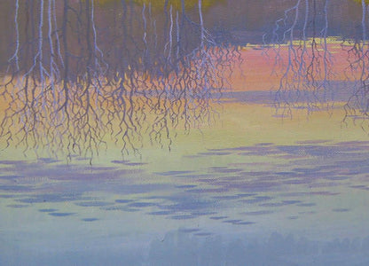 Serene watercolor tree roots over calm lake at dusk by Valery Savenets