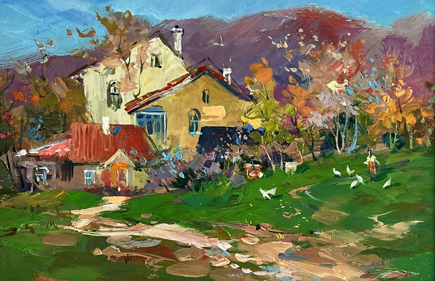 Vibrant impressionist oil painting of rustic country house by Yuriy Suprunchuk
