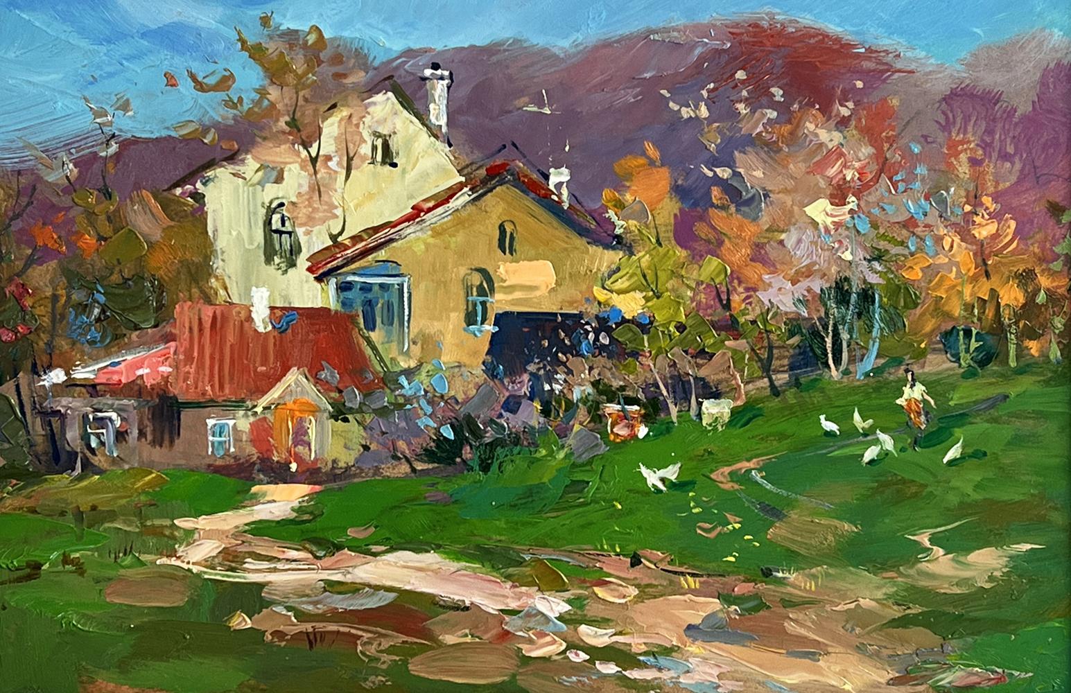 Vibrant impressionist oil painting of rustic country house by Yuriy Suprunchuk