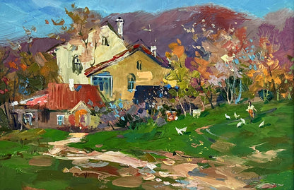 Vibrant impressionist oil painting of rustic country house by Yuriy Suprunchuk