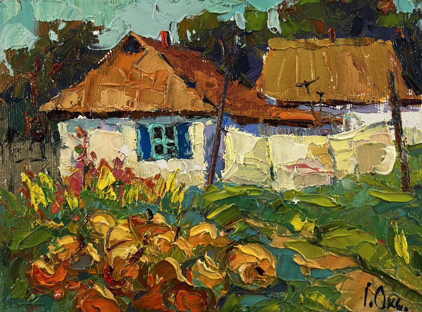 Oil painting of rustic white thatched house by Oksana Ivanyuk