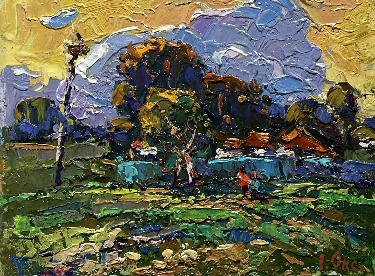 Vibrant impressionistic oil painting Gardening in the village by Oksana Ivanyuk
