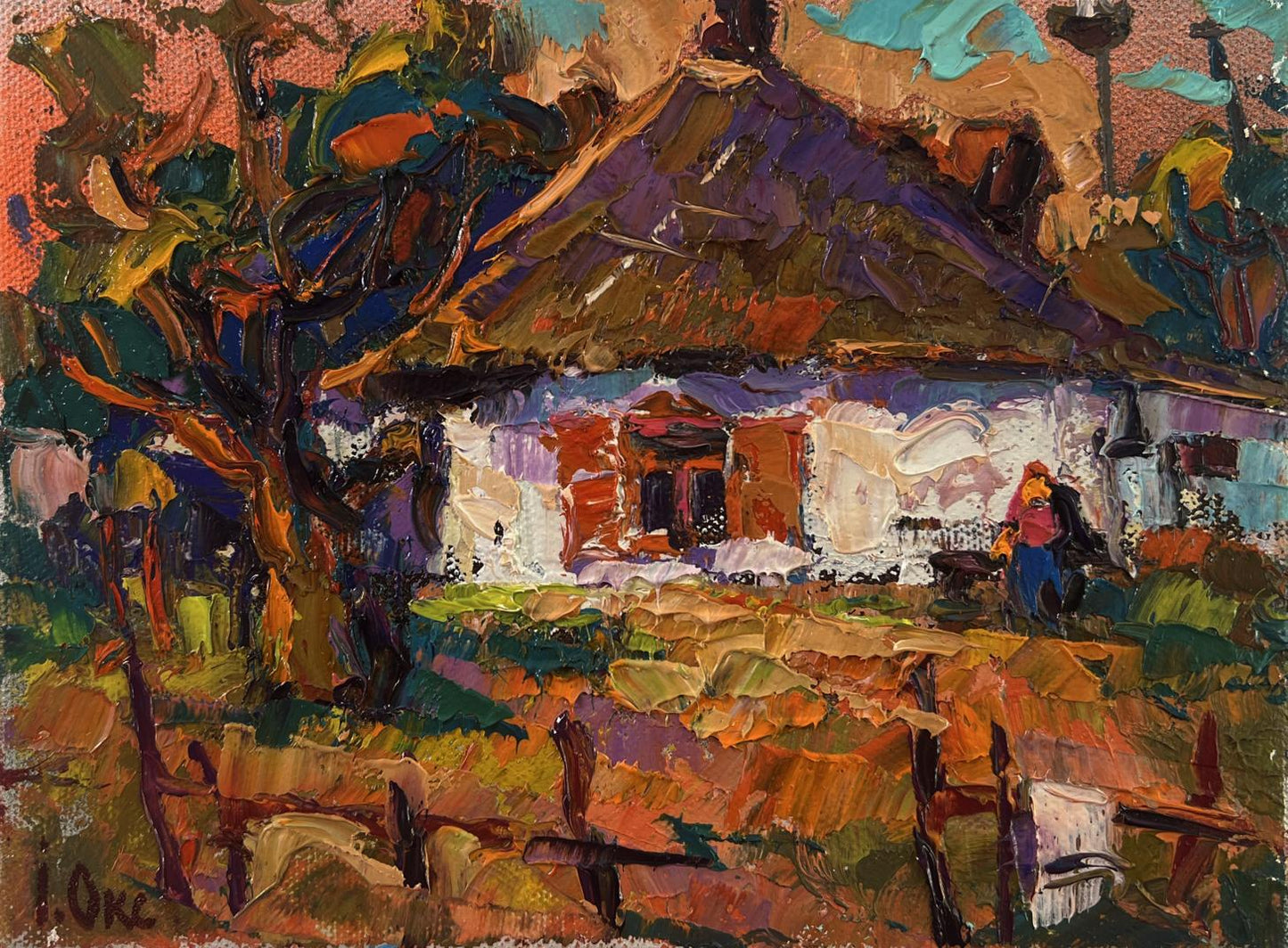 Vibrant impressionistic oil painting Evening in the yard by Oksana Ivanyuk