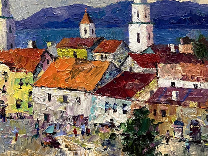 Vibrant impressionist oil painting by Serhiy Rybak of European town main street