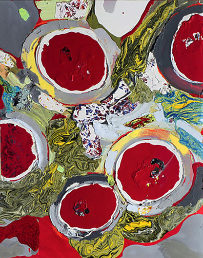 Oil painting Winter Flowers by Natalia Korf-Ivaniuk with bold red circles