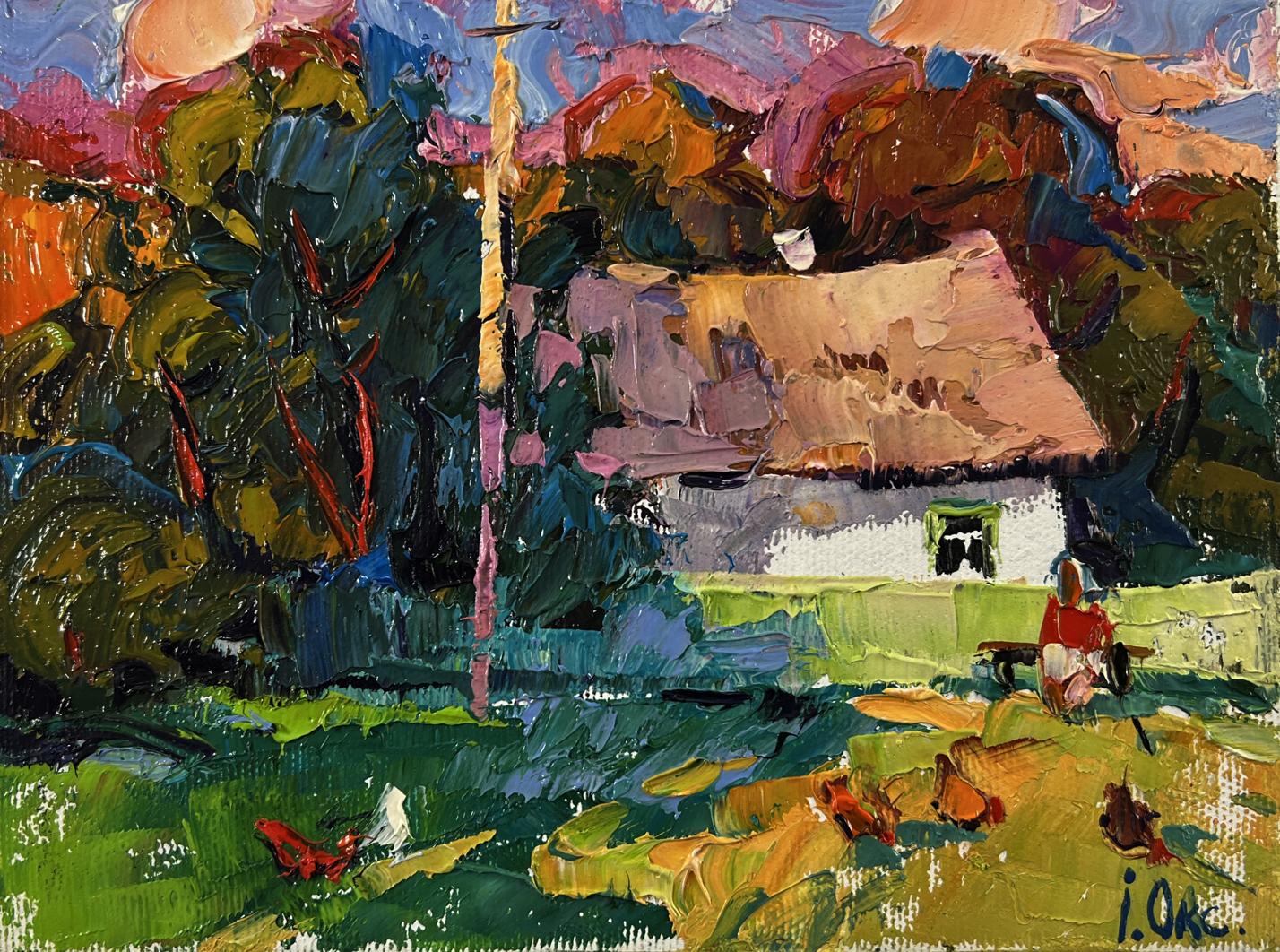 Oil painting Summer coolness by Oksana Ivanyuk: white thatched house in lush fields