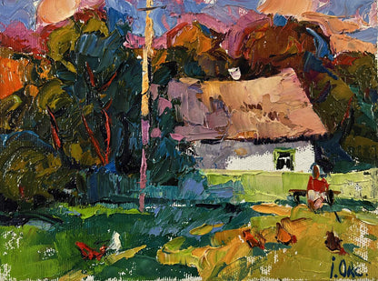 Oil painting Summer coolness by Oksana Ivanyuk: white thatched house in lush fields