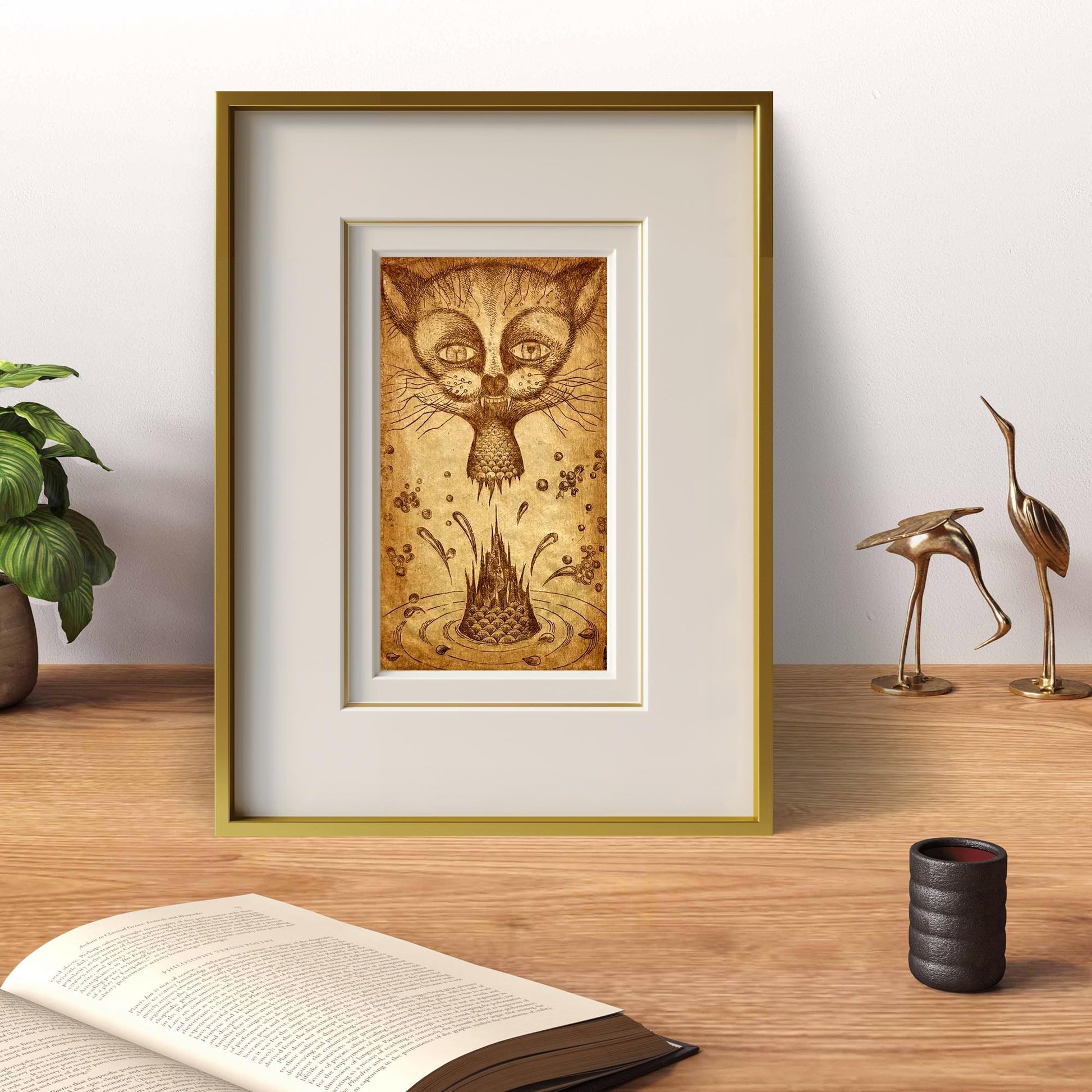 Gold-framed sepia cat etching by Oleksandr Zhmailo Island painting