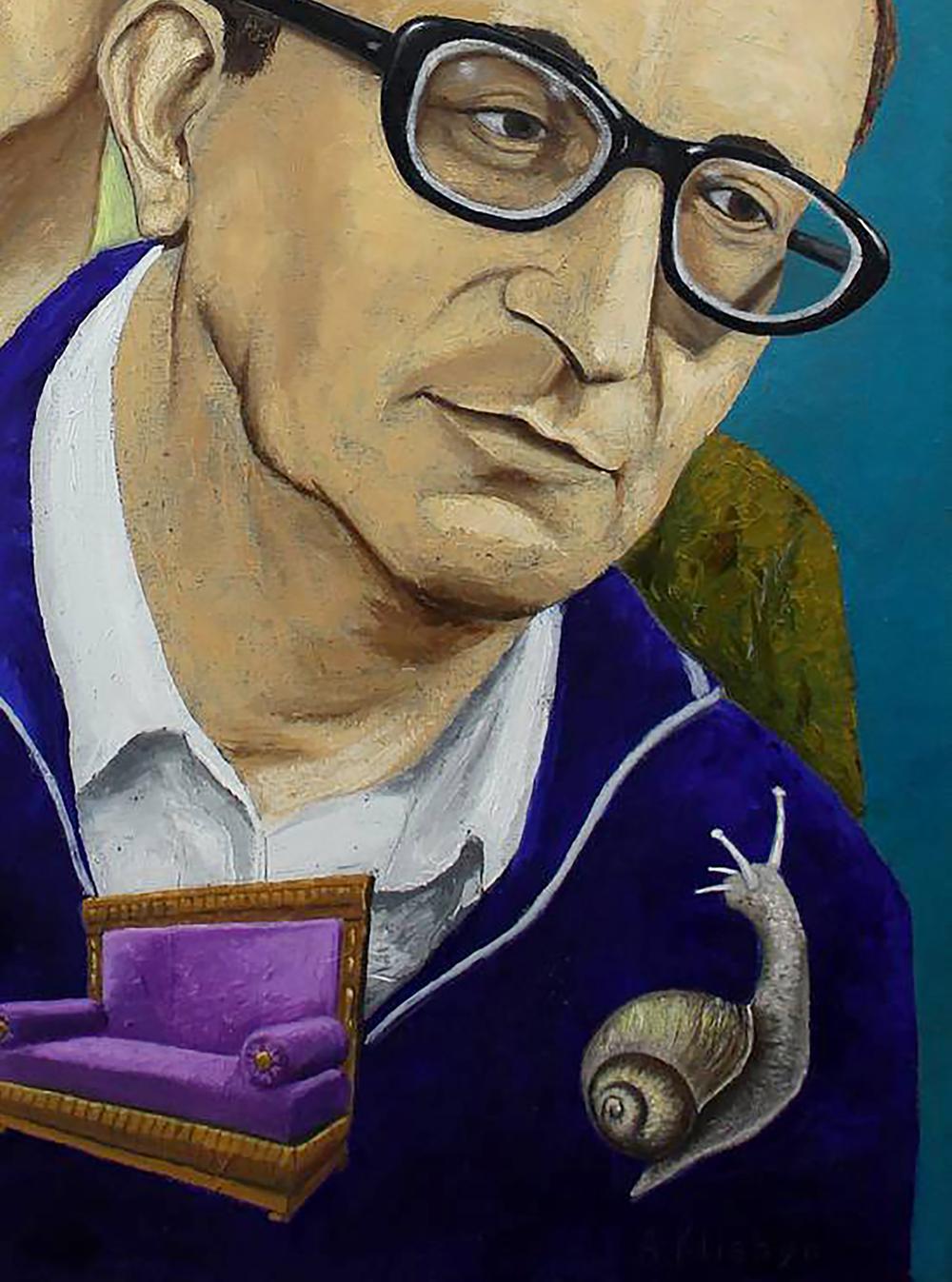 Surreal oil portrait of Andrii Klishyn with snail and couch on chest
