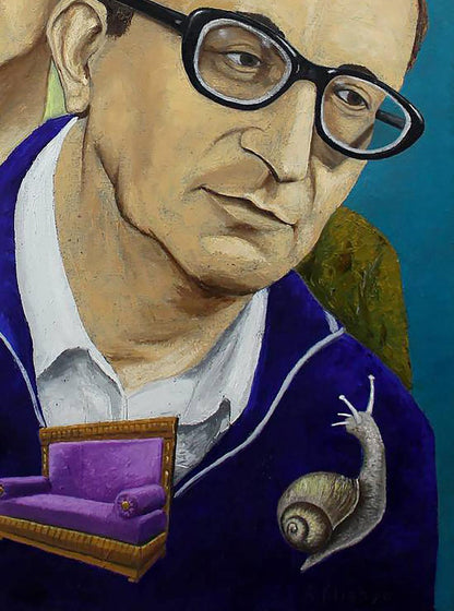 Surreal oil portrait of Andrii Klishyn with snail and couch on chest