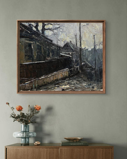 Oil painting Old street by Volodymyr Pashchenko in light wood frame
