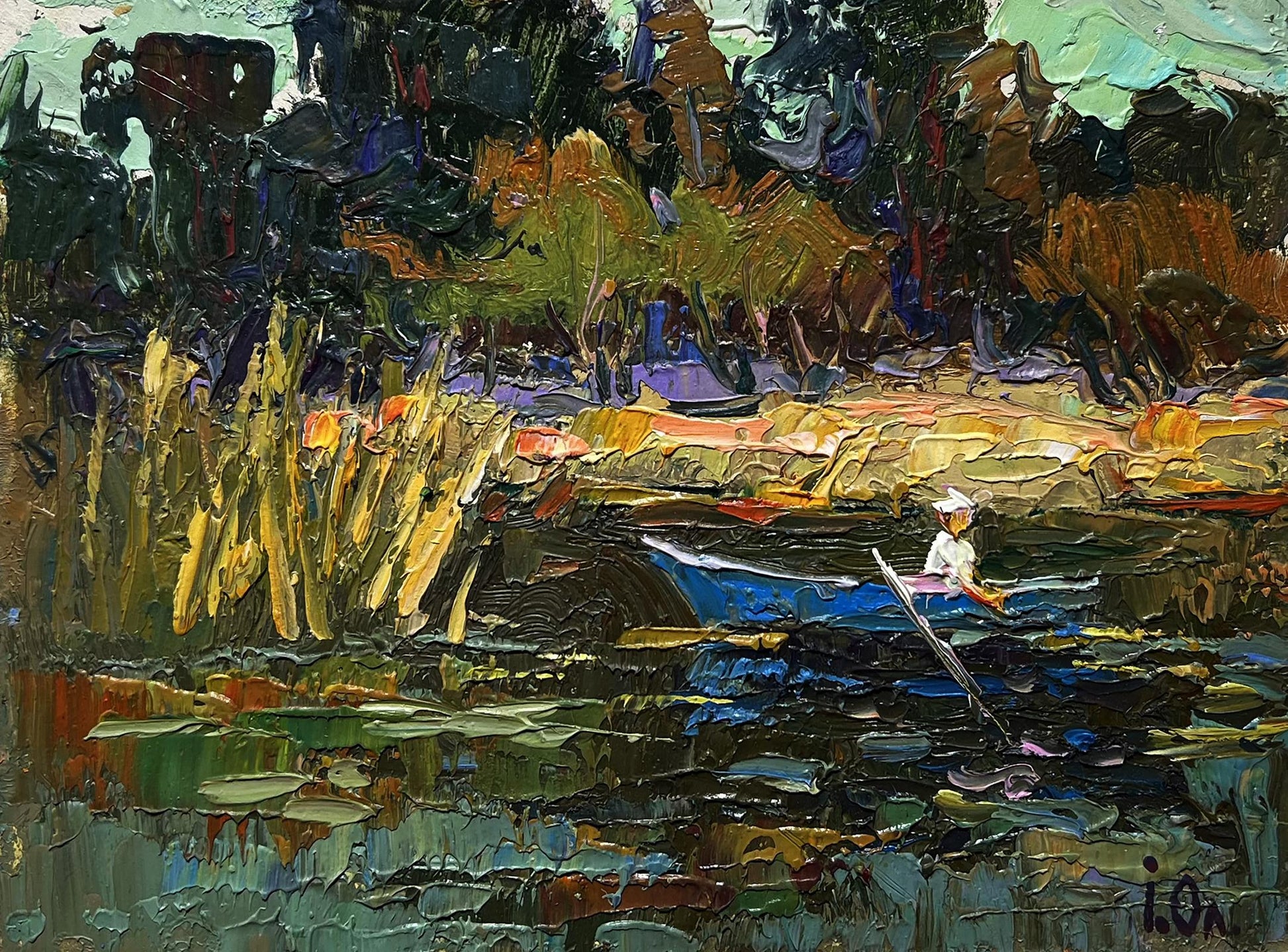 Vibrant impressionist oil painting by Oleksiy Ivanyuk: figure paddling canoe to river bank