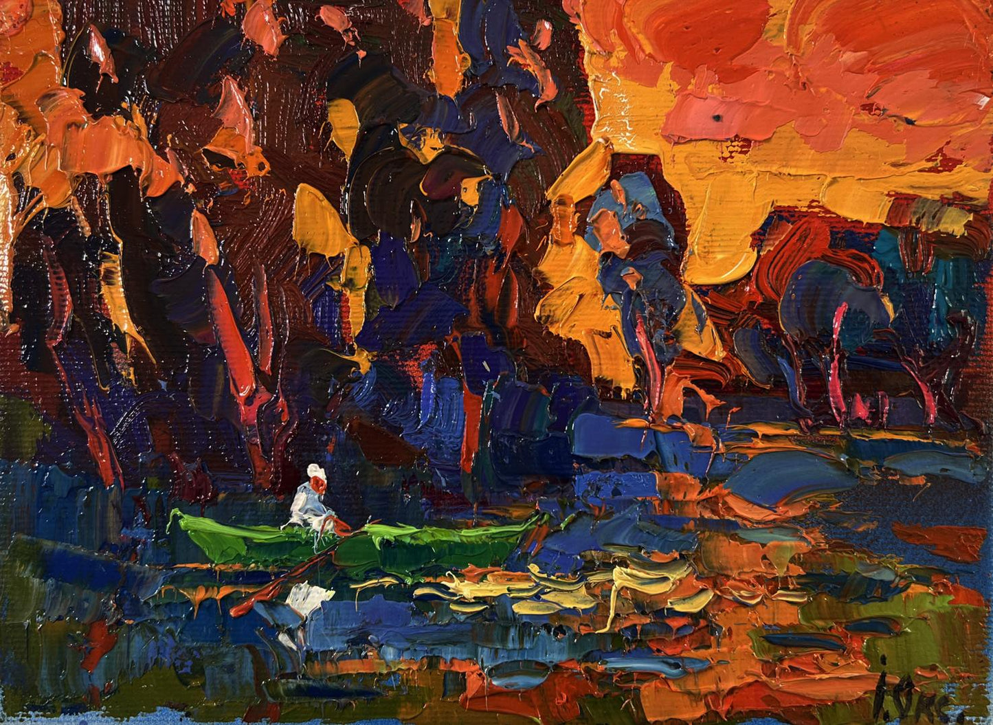 Oil painting Evening on the River by Oksana Ivanyuk, vibrant green boat scene