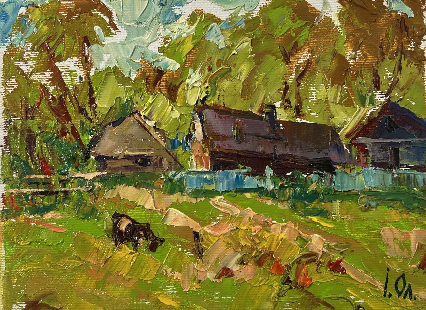 Vibrant impressionist oil painting Behind the Yard by Oleksiy Ivanyuk with grazing cow