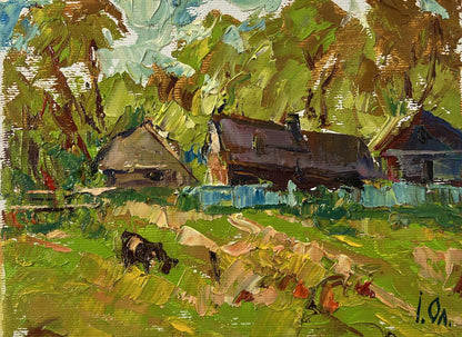 Vibrant impressionist oil painting Behind the Yard by Oleksiy Ivanyuk with grazing cow