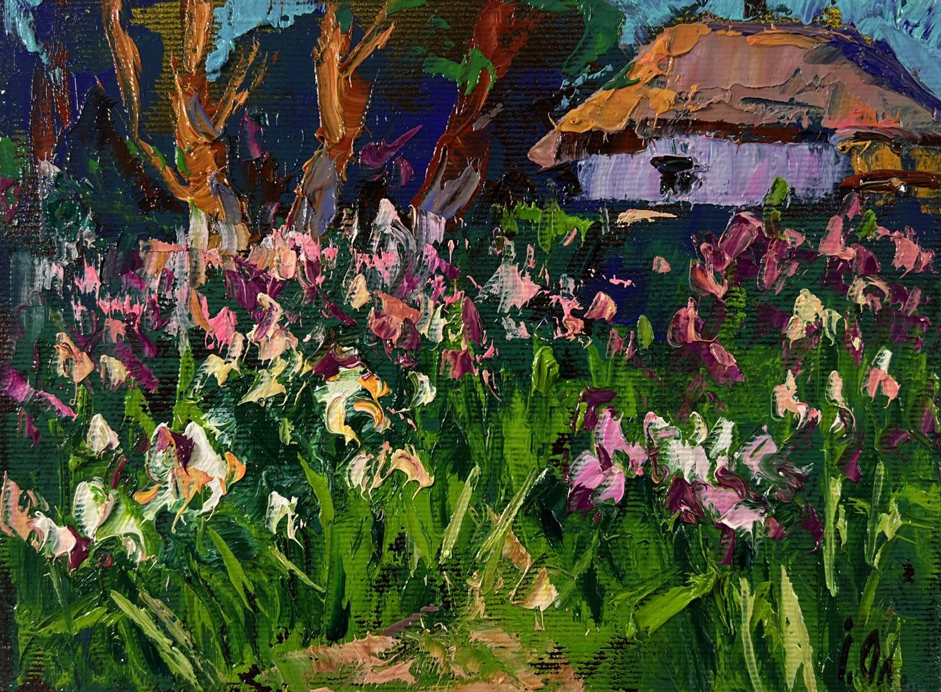 Oil painting of vibrant pink purple white irises in blooming garden by Oleksiy Ivanyuk