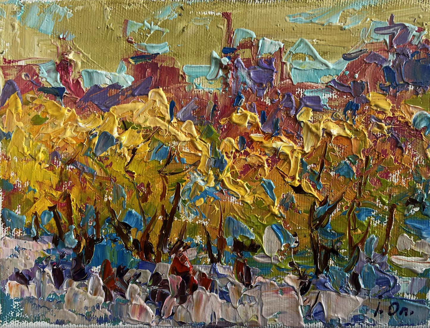 Vibrant impressionist oil painting Autumn city alley by Oleksiy Ivanyuk
