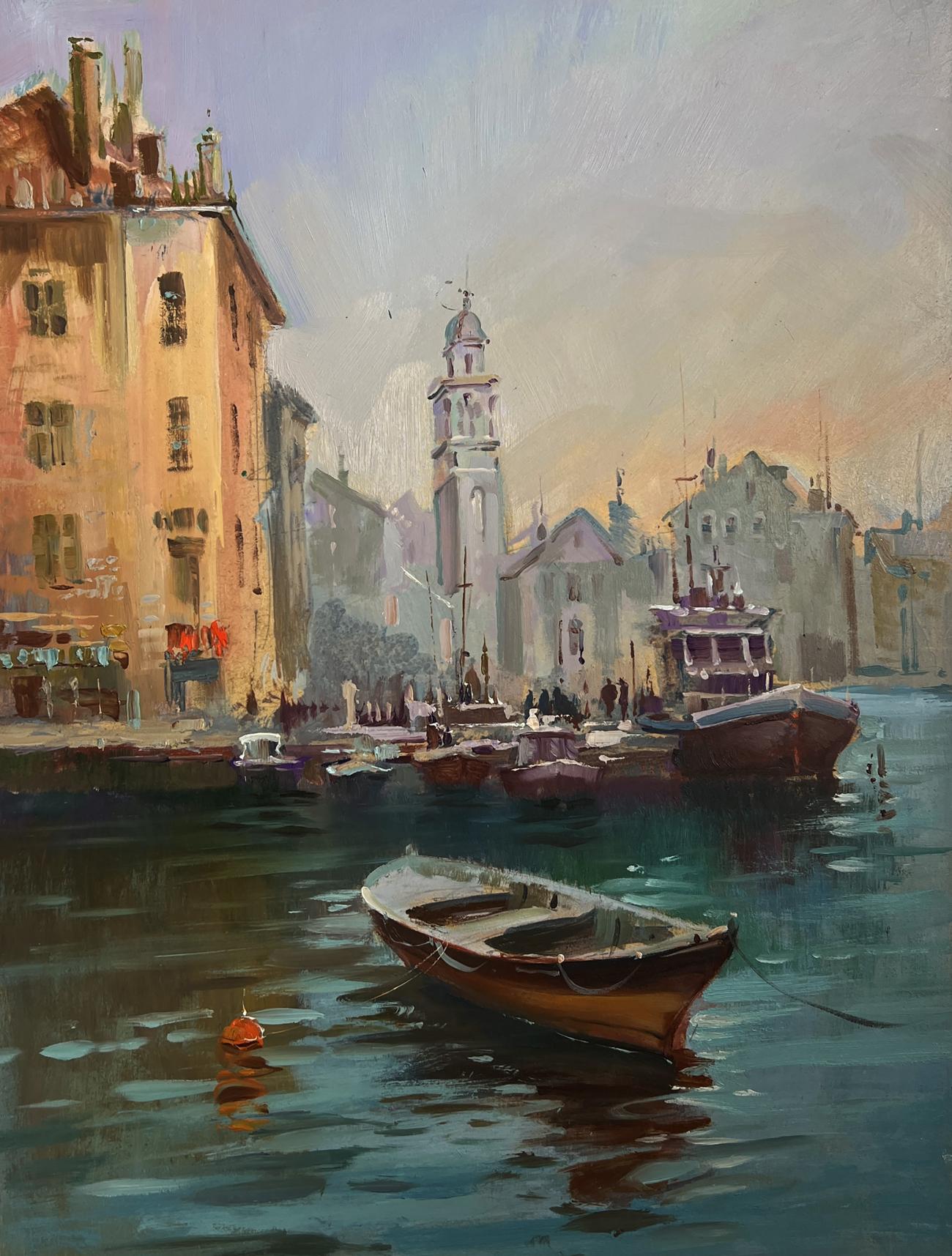 Oil painting of wooden rowboat on calm Venetian waters by Yuriy Suprunchuk