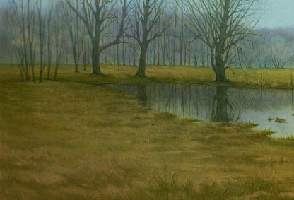 Oil painting Autumn swamp by Vasily Korkishko: misty trees in pond