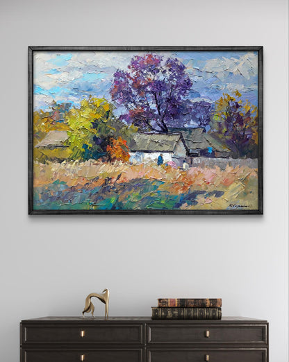 Oil painting Autumn chores by Boris Serdyuk: impressionist purple trees, foliage, house