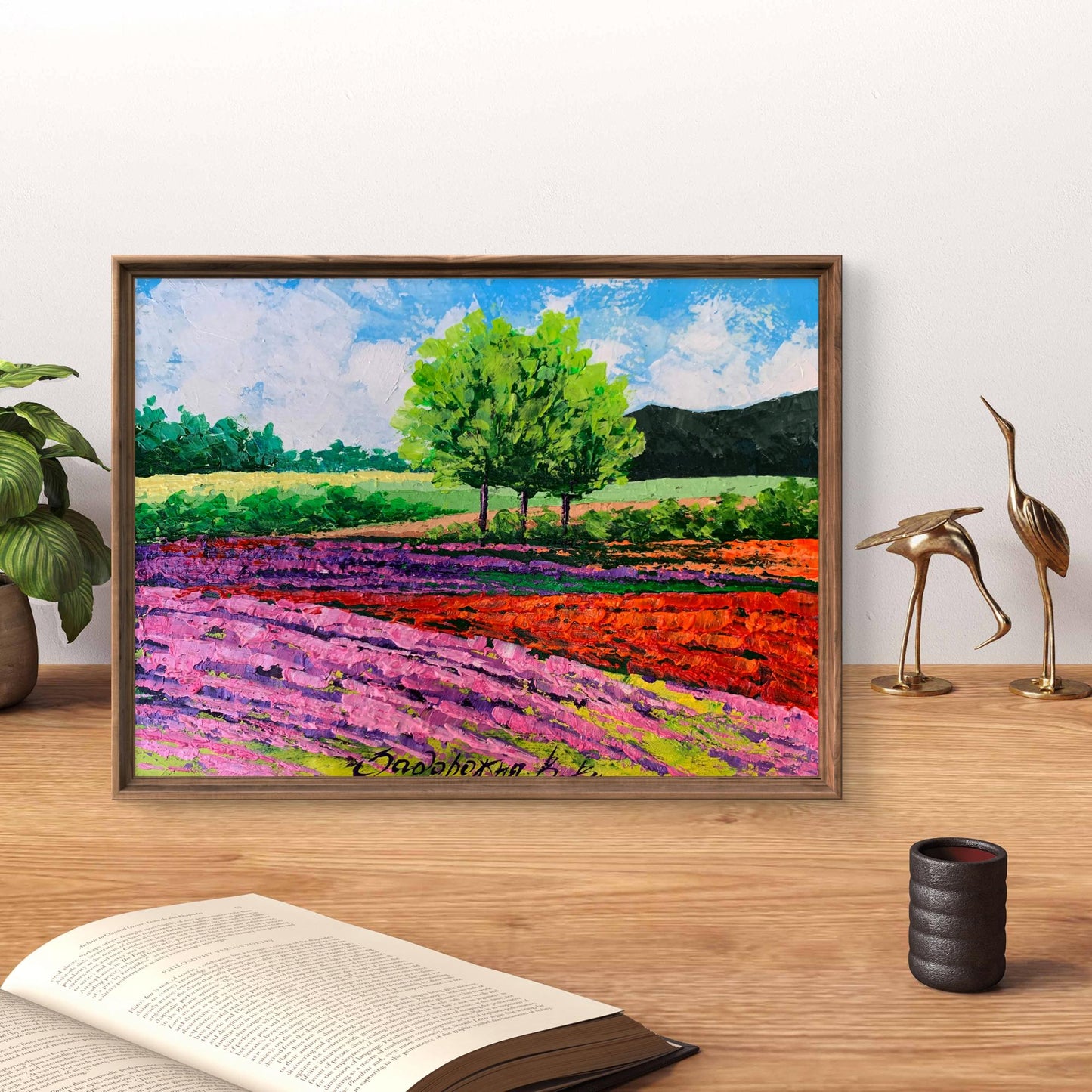 Vibrant oil painting of flower fields near mountains by V. Zadorozhnya