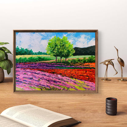 Vibrant oil painting of flower fields near mountains by V. Zadorozhnya