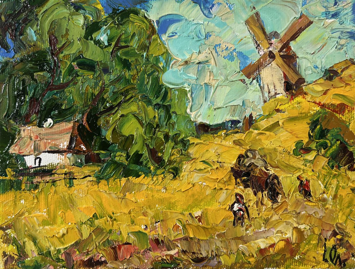 Oil painting Noon in the village by Oleksiy Ivanyuk rustic windmill scene