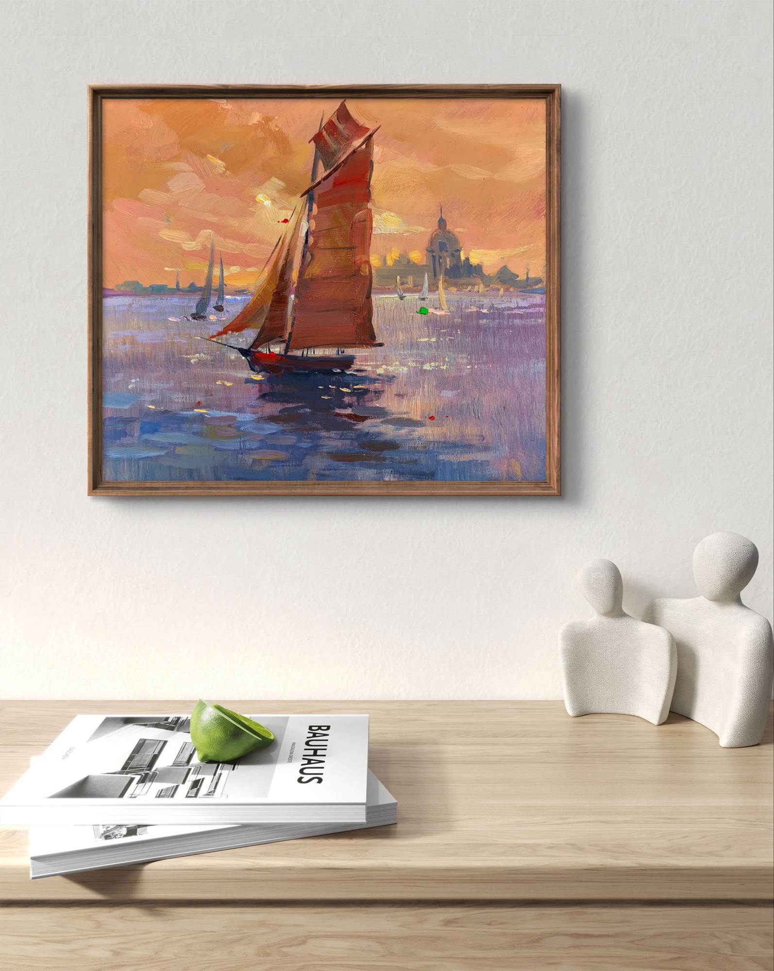 Framed oil painting Evening sailing sailboat at sunset by Yuriy Suprunchuk