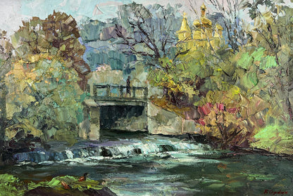 Oil painting of stone bridge over river by Boris Serdyuk with golden domes