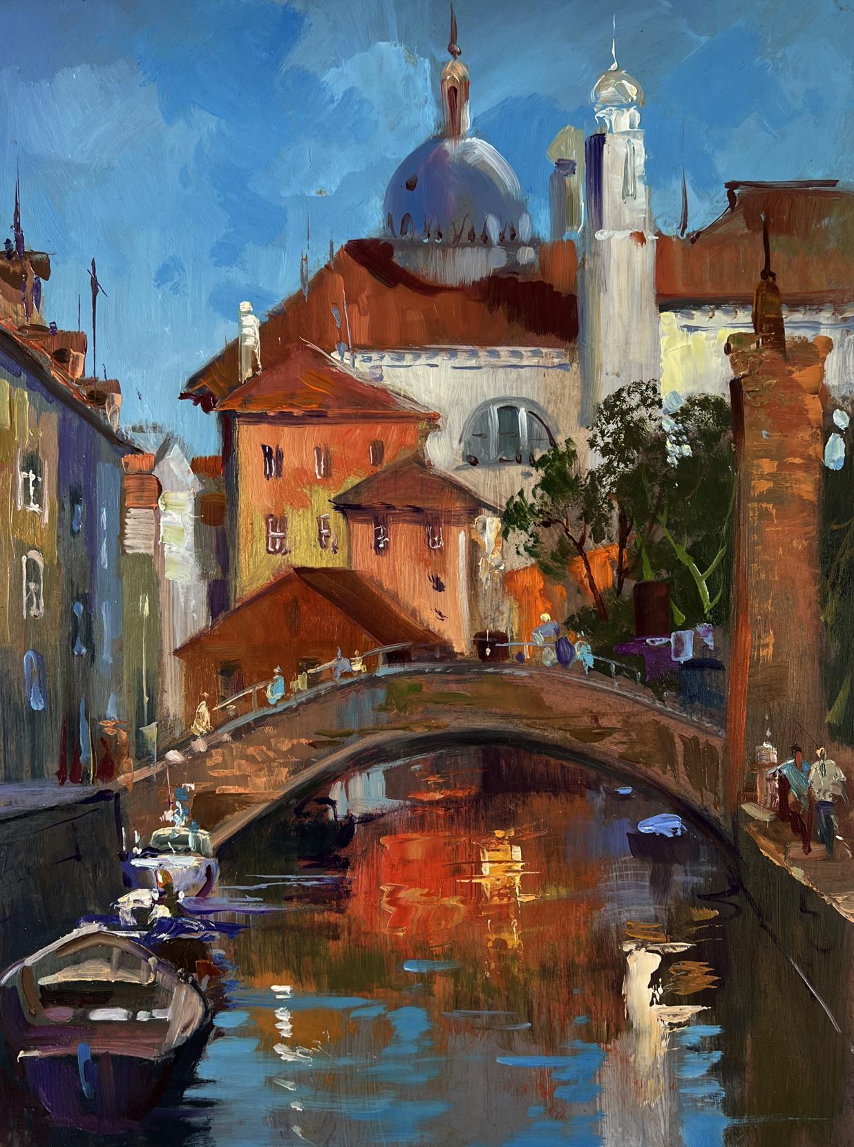 Vibrant impressionist oil painting of Yuriy Suprunchuk bridge over European canal