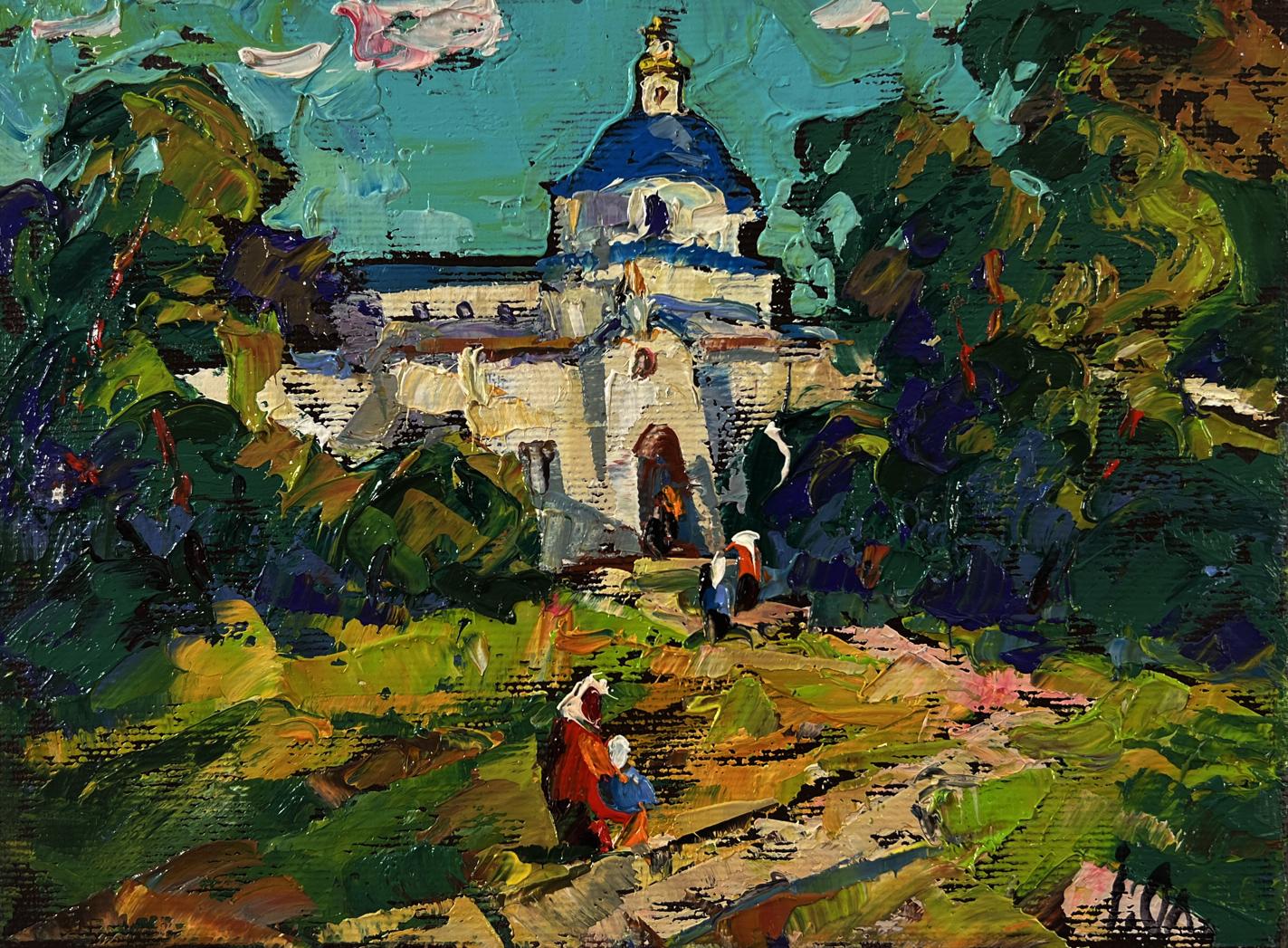 Impressionistic oil painting Morning church Oleksiy Ivanyuk white blue dome