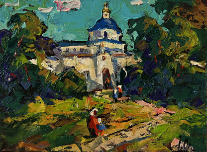 Impressionistic oil painting Morning church Oleksiy Ivanyuk white blue dome