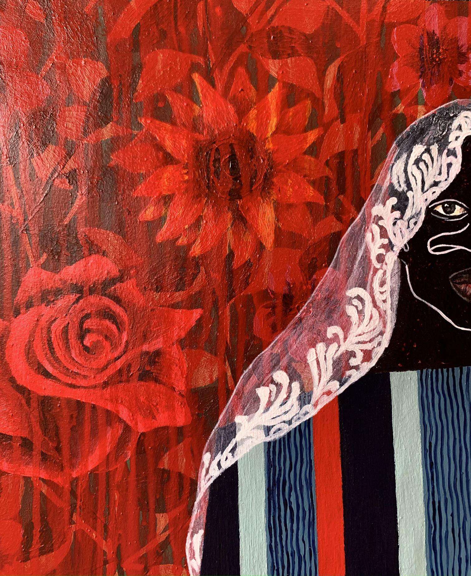 Acrylic painting In Silence Among the Roses by Akintomide Akinshola