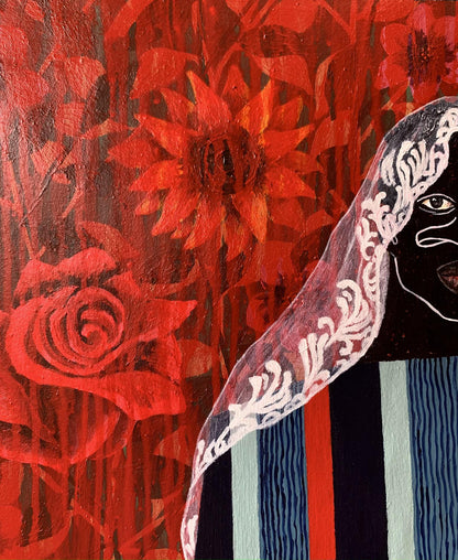 Acrylic painting In Silence Among the Roses by Akintomide Akinshola