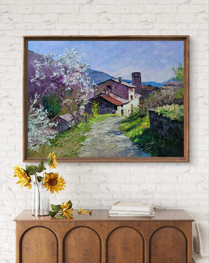 Oil painting Village in the mountains by Boris Serdyuk rustic village scene